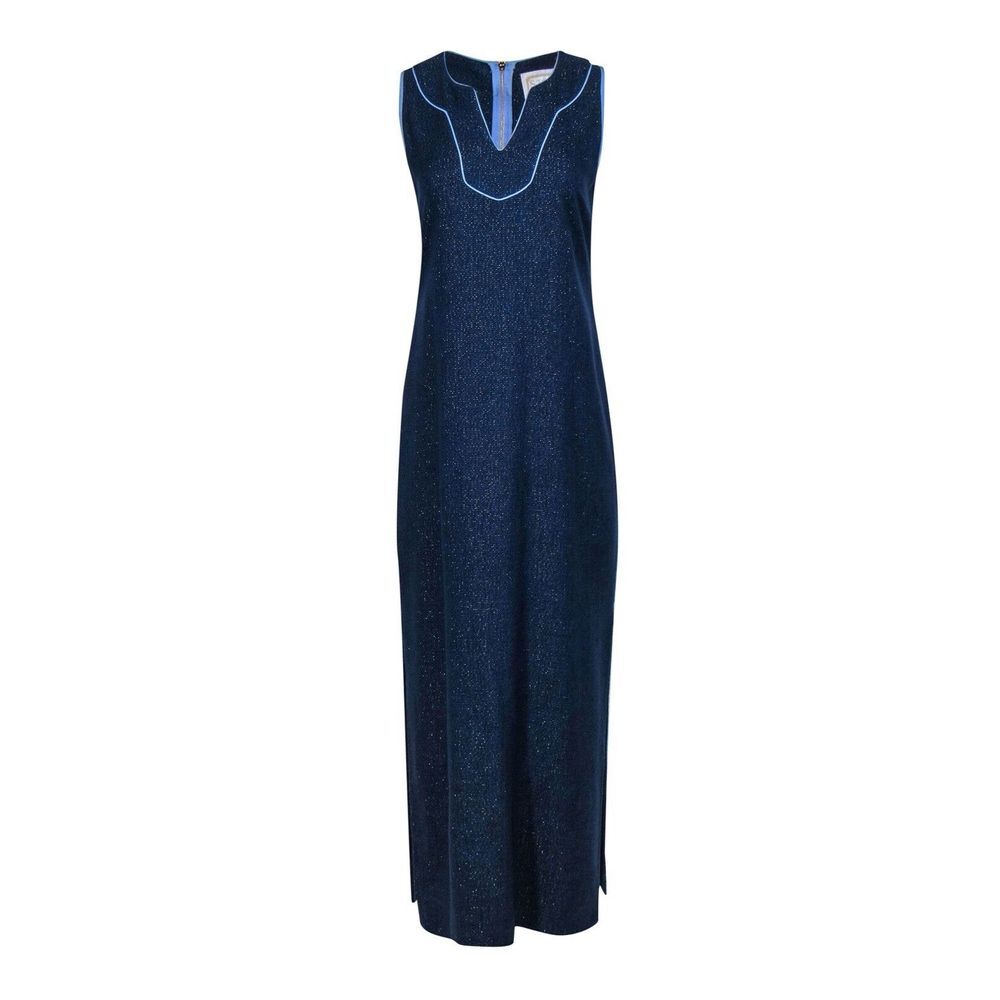 Sail To Sable Navy & Gold Sleeveless Maxi Dress w/ Light Blue Trim Medium